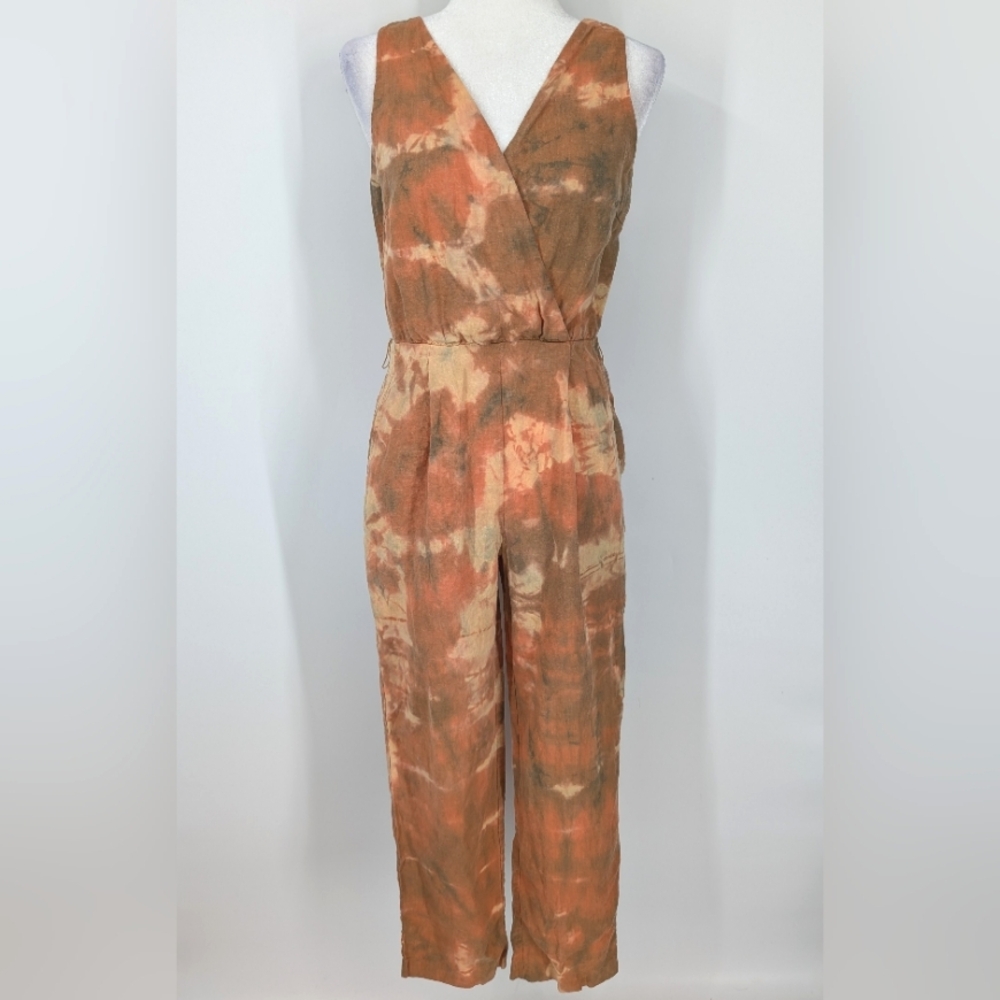 Nordstrom Orange Brown Tie Dye 100% Linen V-Neck Sleeveless Jumpsuit Small